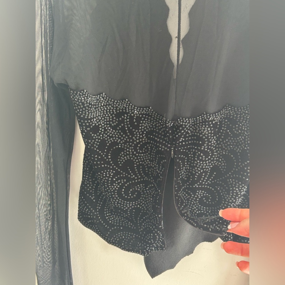 Elegant Black Velvet Beaded Blouse Mesh Long Sleeve Corset Top size 6 Festive - Picture 7 of 10